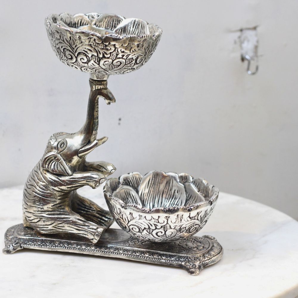 Elephant Twin Bowl Stand – Silver Finish — view 5
