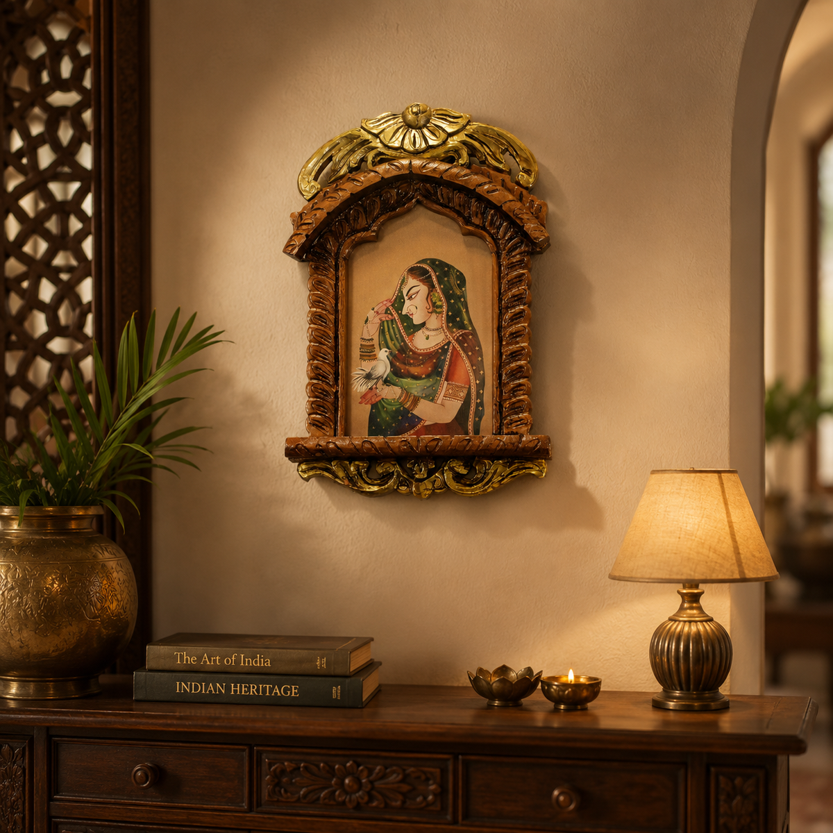 Painted Wooden Jharokha Wall Hanging – 16 inch