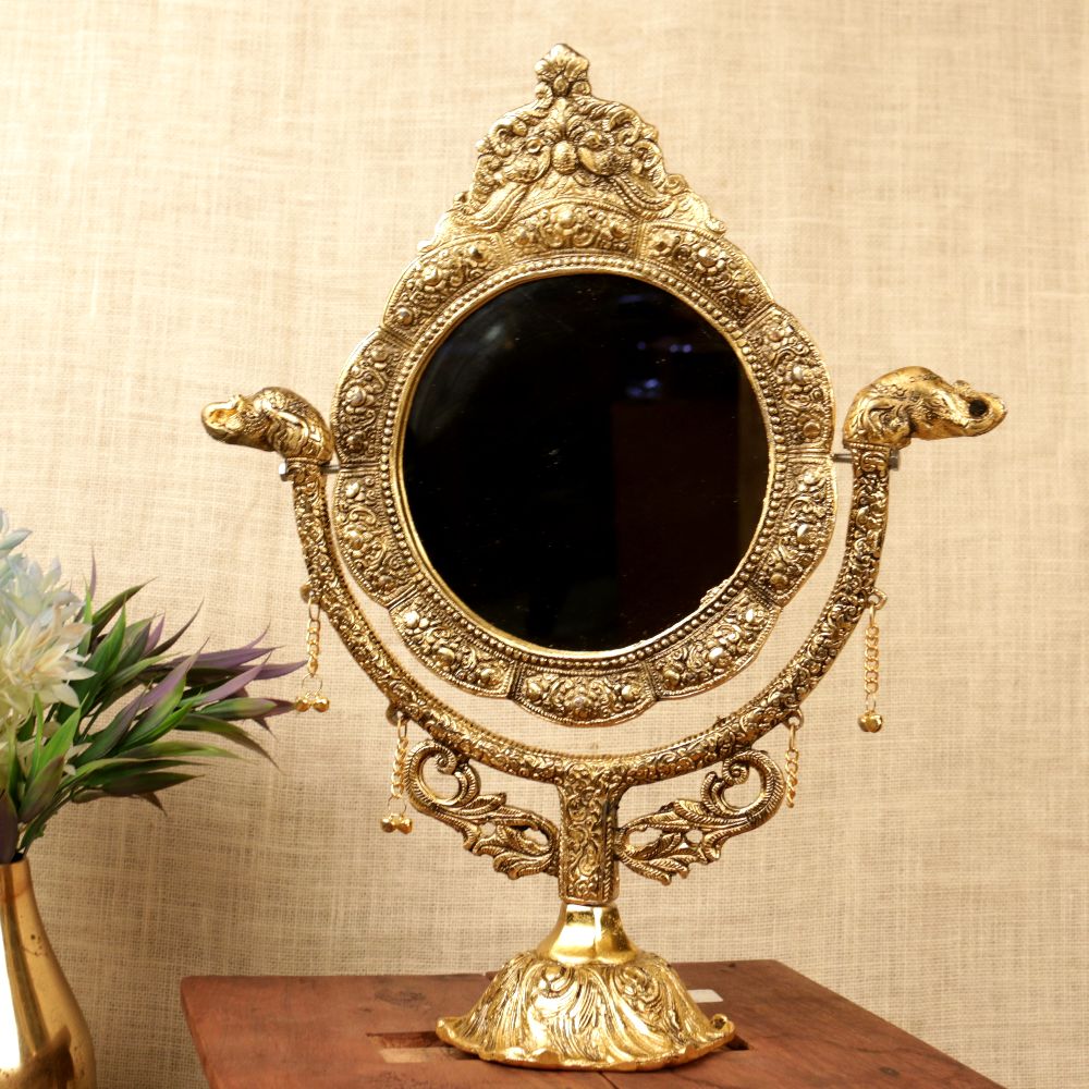 Elephant Table Mirror – Gold Finish, 16 inch — Antique gold tone