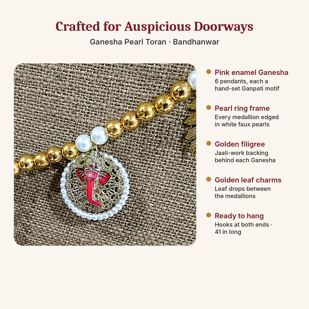 Ganesha Pearl Toran features – pink enamel Ganesha, pearl frame, golden filigree, leaf charms