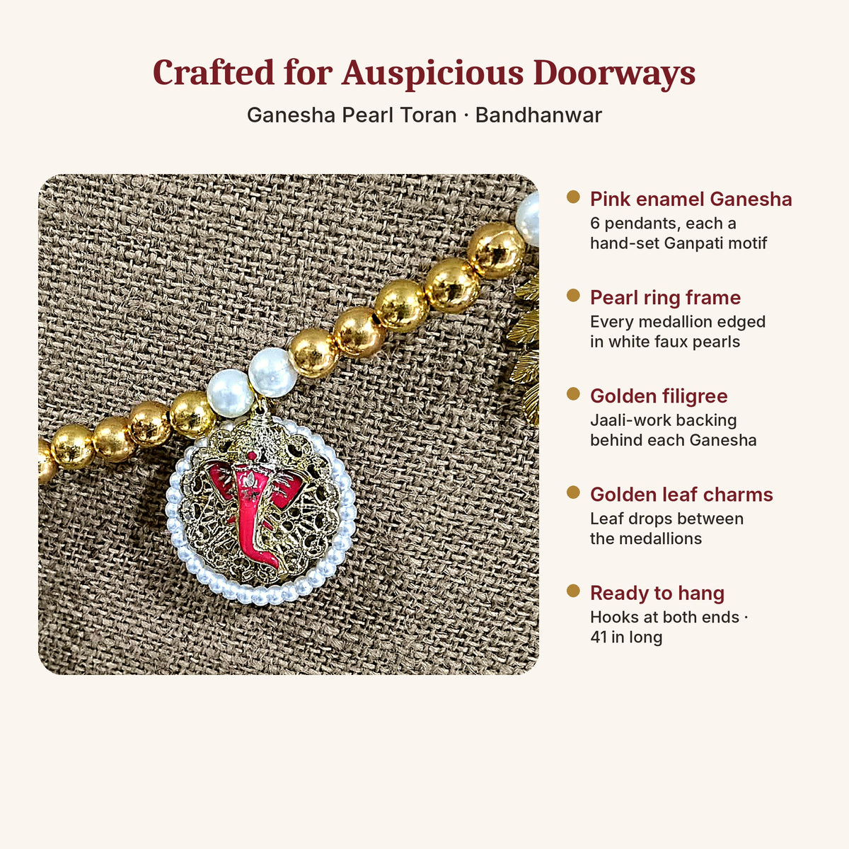 Ganesha Pearl Toran features – pink enamel Ganesha, pearl frame, golden filigree, leaf charms