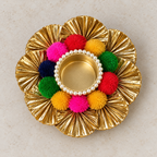 Multicolour pompom and gold flower tea-light holders - single holder detail