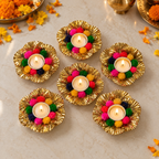 Multicolour pompom and gold flower tea-light holders - festive pack of six