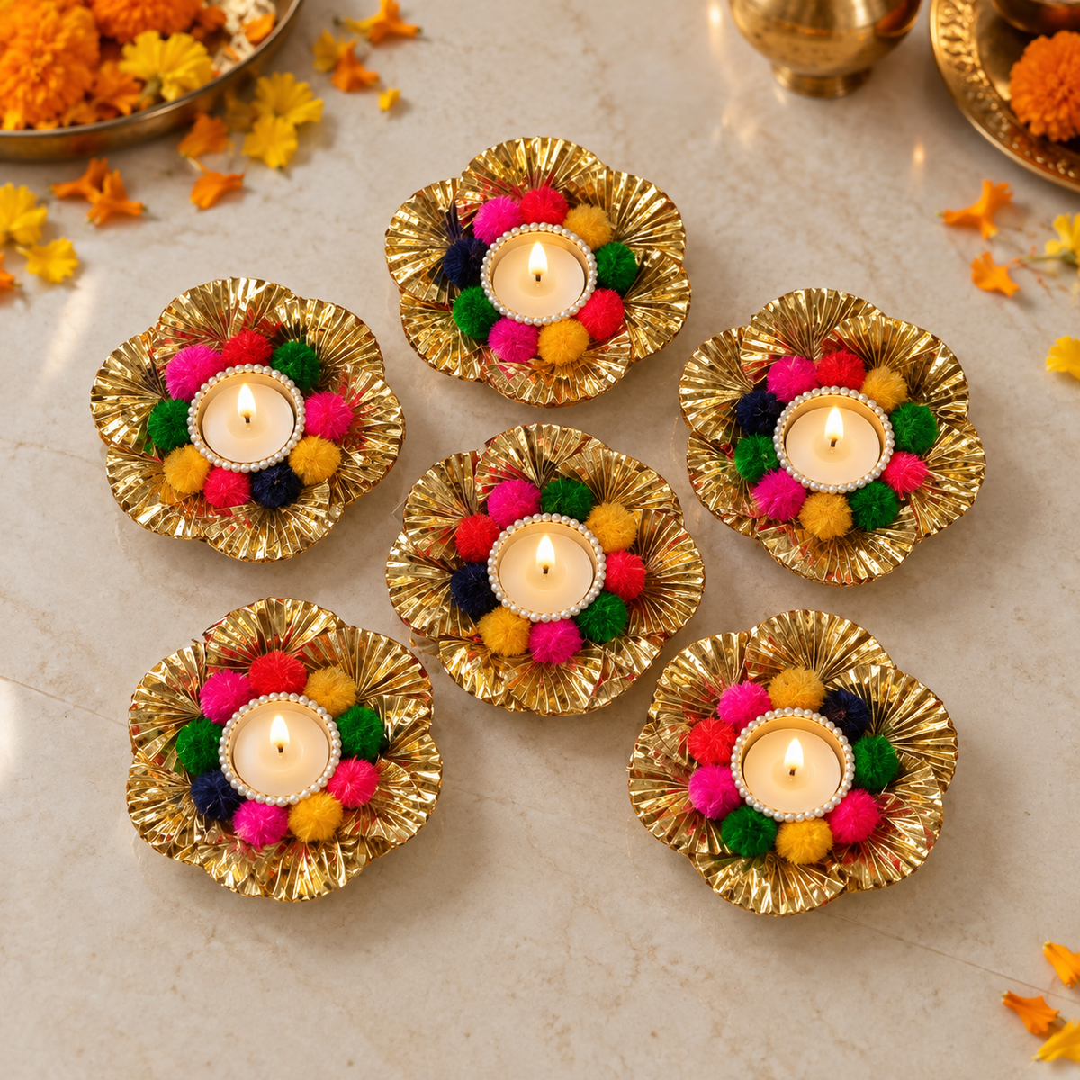 Multicolour pompom and gold flower tea-light holders - festive pack of six