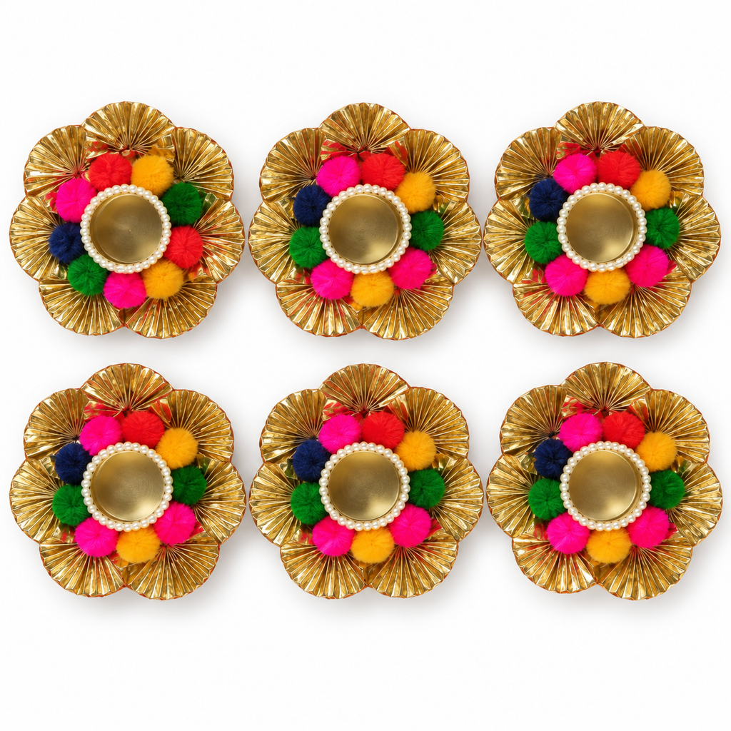 Multicolour pompom and gold flower tea-light holders - studio pack of six