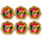 Multicolour pompom and gold flower tea-light holders - studio pack of six