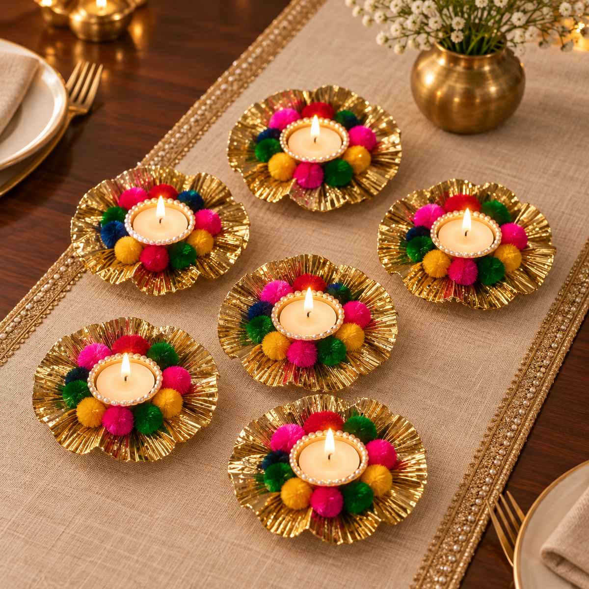 Multicolour pompom and gold flower tea-light holders - table pack of six