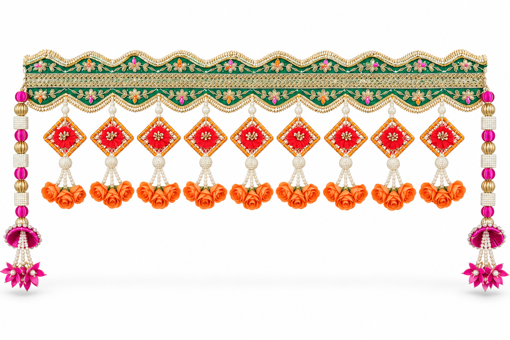 Green embroidered toran with orange roses and pink side hangings on white