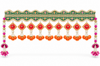 Green embroidered toran with orange roses and pink side hangings on white