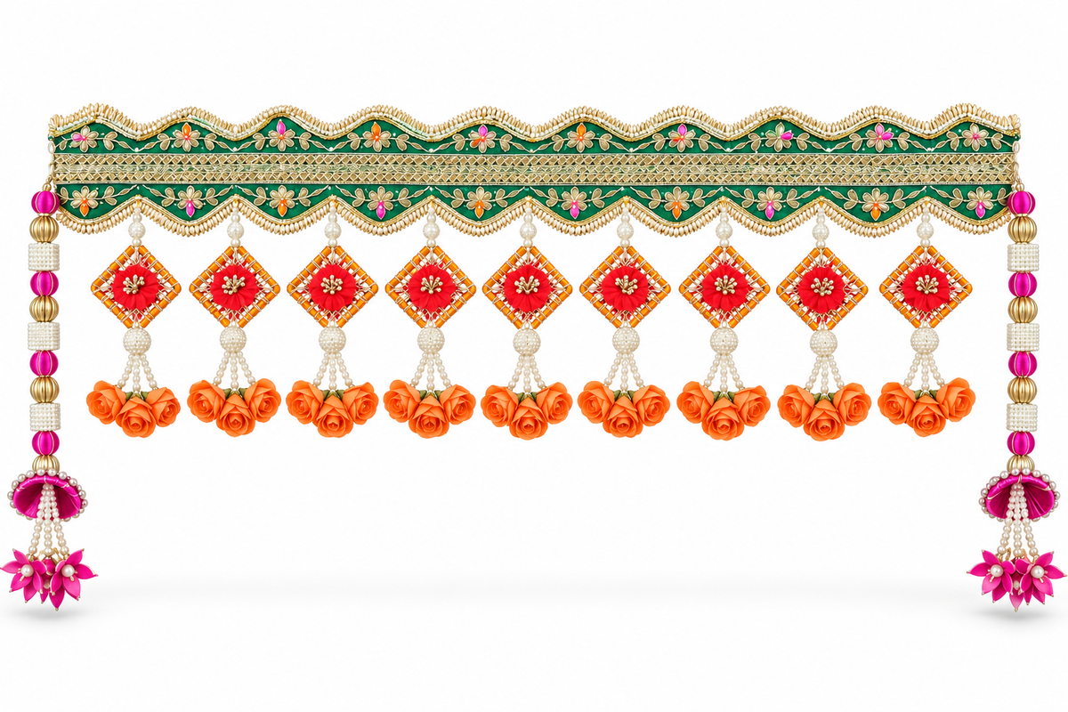 Green embroidered toran with orange roses and pink side hangings on white