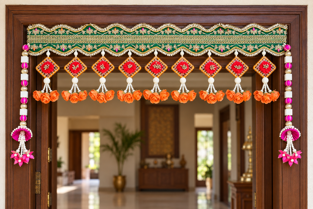 Green and orange floral toran displayed across a wooden doorway