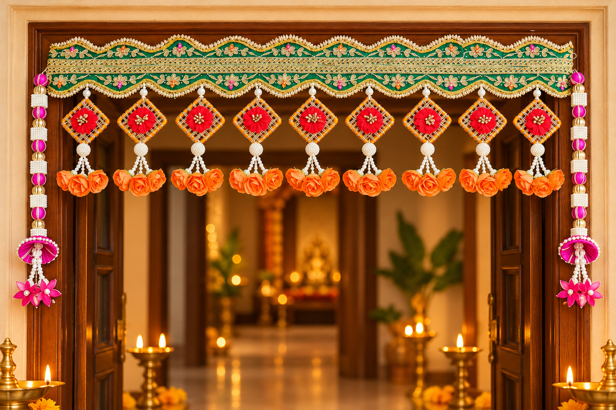 Green embroidered toran with orange rose drops at a festive entrance