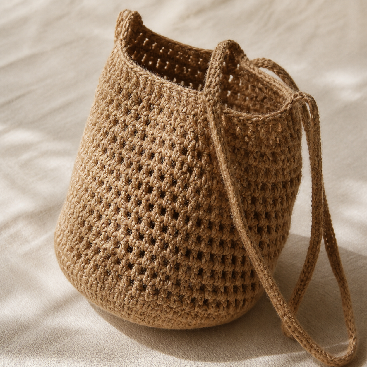 Close-up of the crochet carry bag texture and handles