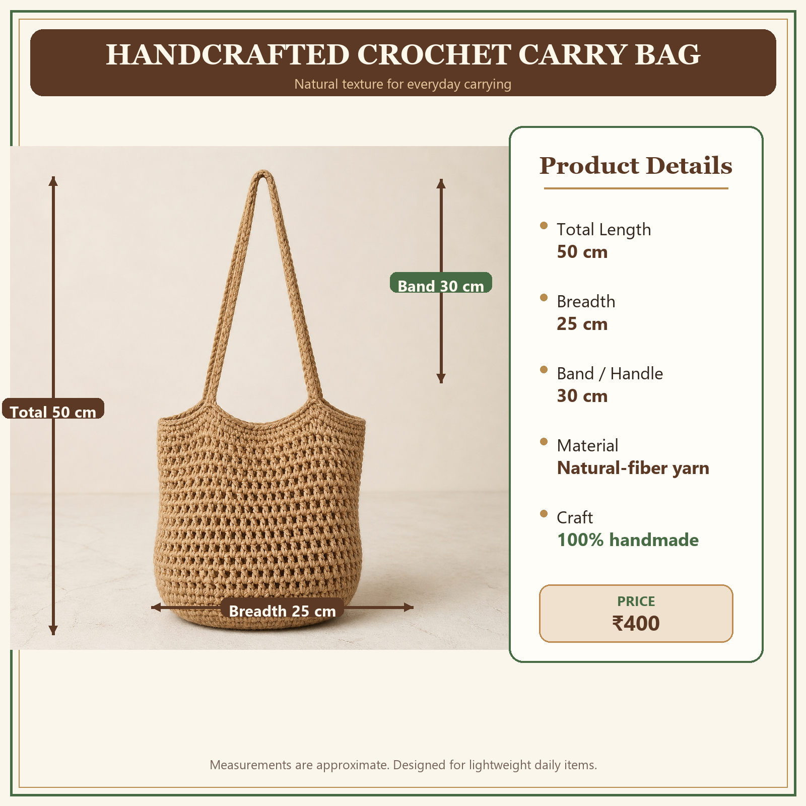 Crochet carry bag measurements and product details