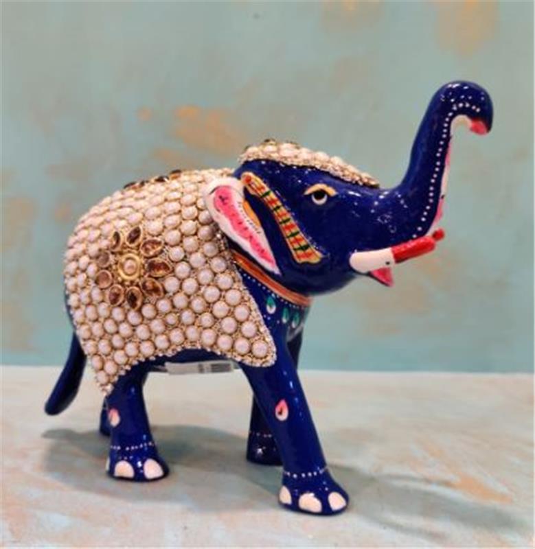 Pearl-Studded Meenakari Elephant – 4 inch — Cobalt blue with pearl-white studding and pink ear detail