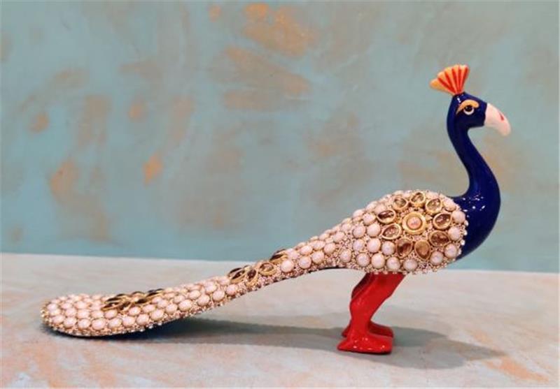 Pearl-Studded Peacock Figurine – 5 inch — Deep blue body with a pearl-white tail and coral-red feet