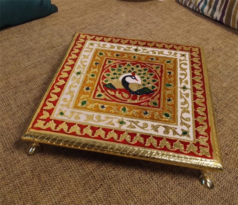 Meenakari Alla Chowki – 12 x 12 inch — Red and gold meenakari with a peacock medallion