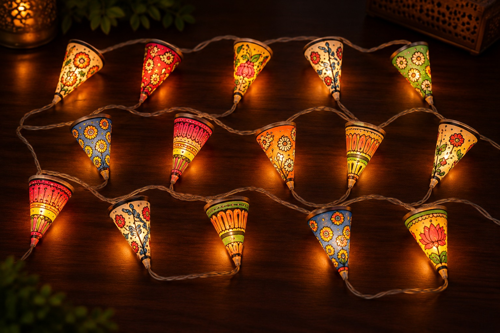 15 hand-painted leather cone fairy lights glowing on a dark table