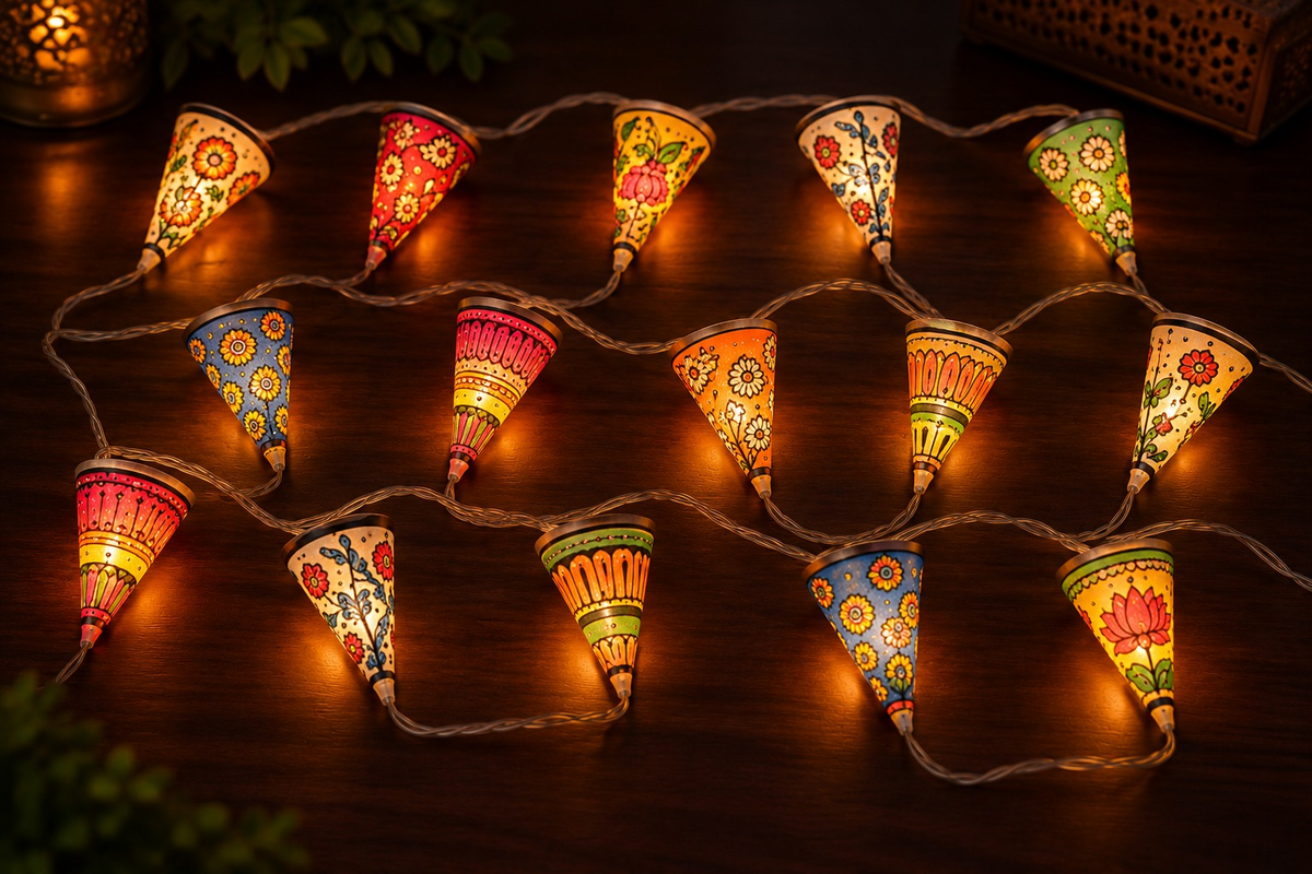 15 hand-painted leather cone fairy lights glowing on a dark table