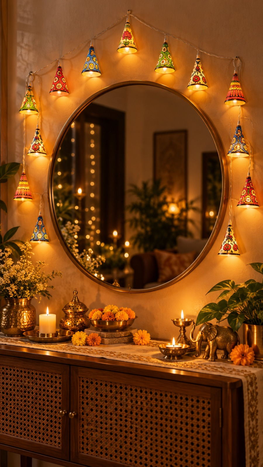 Leather cone fairy lights framing a round mirror above a festive console