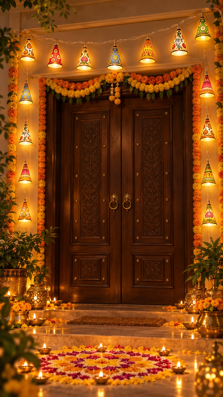 Leather cone fairy lights around a carved wooden entrance door with marigold toran and rangoli