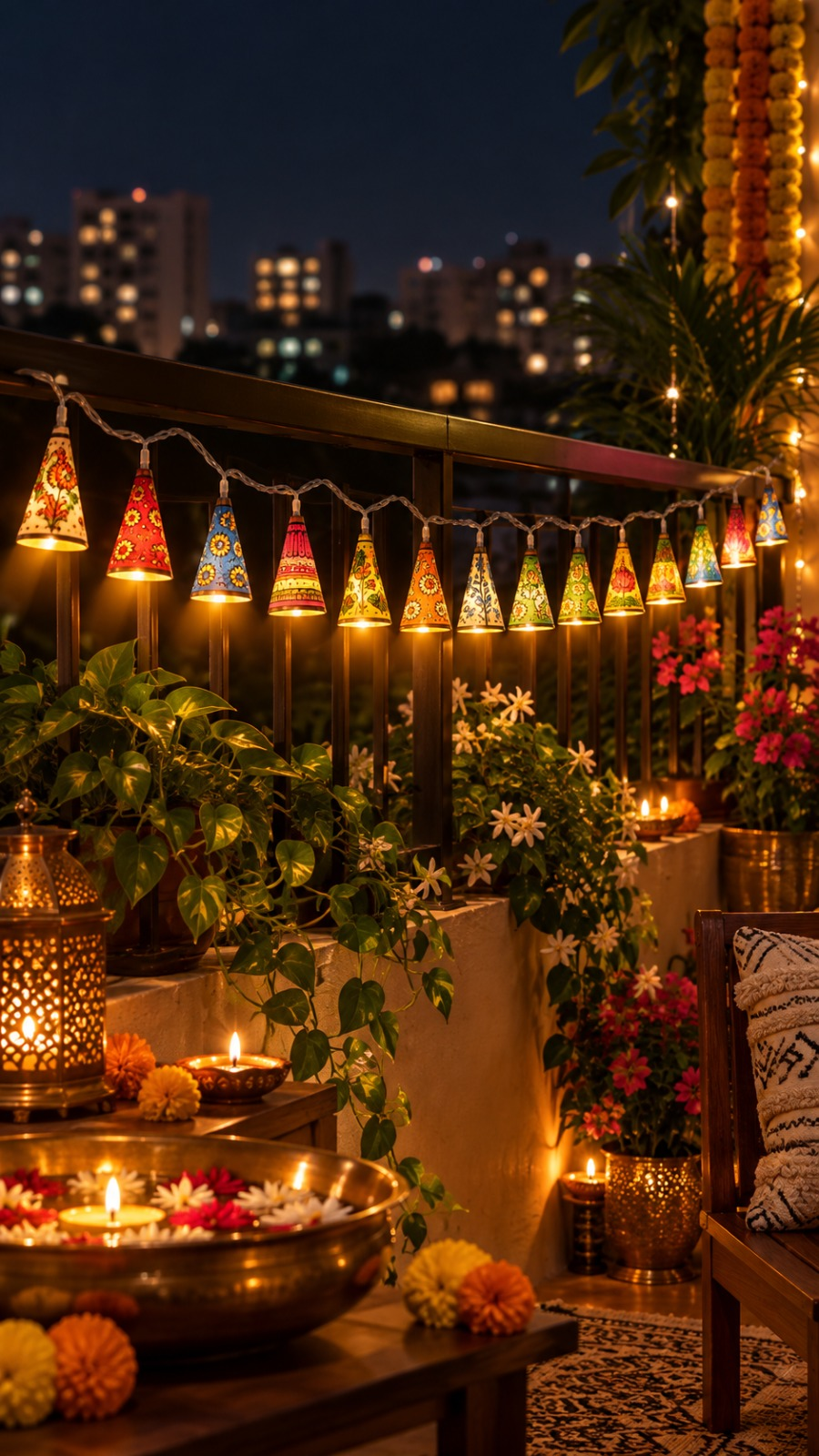 Leather cone fairy lights strung along a balcony railing at night