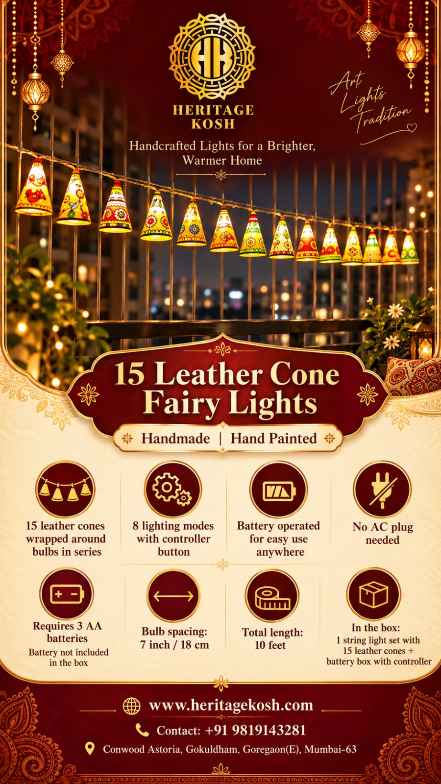 Leather cone fairy lights features: 15 cones, 8 modes, 3 AA batteries, 10 ft length, 18 cm spacing