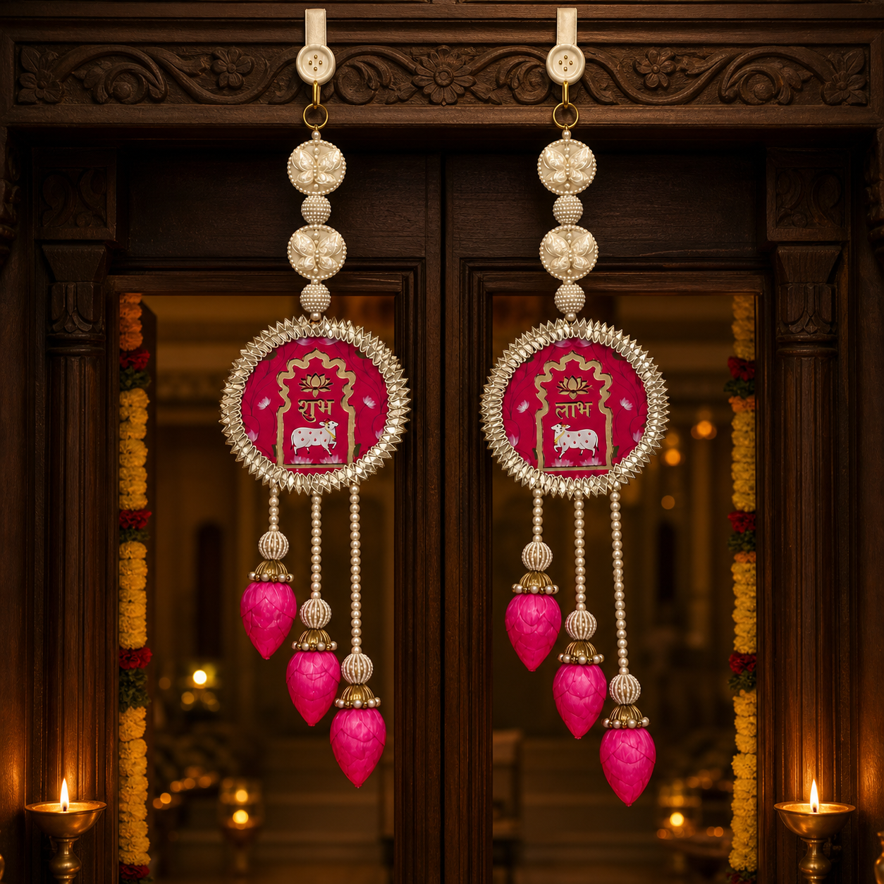 Lotus Butterfly Shubh Labh hanging pair displayed on a carved doorway