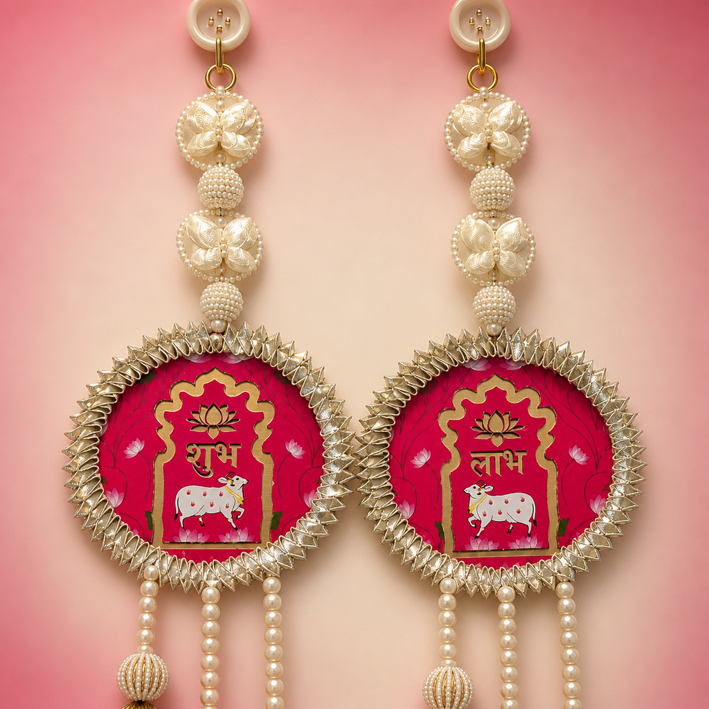 Close-up of butterfly pearl work and Shubh Labh plaques