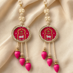 Lotus Butterfly Shubh Labh pair with pink lotus tassels on fabric