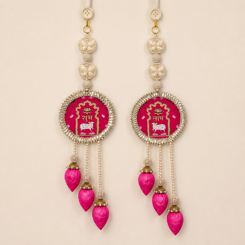 Full view of pink Lotus Butterfly Shubh Labh hanging set of two
