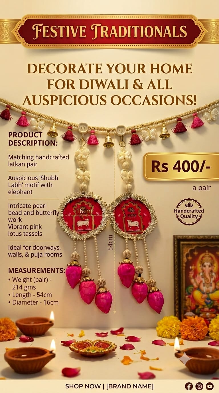 Product details card for Lotus Butterfly Shubh Labh hanging pair
