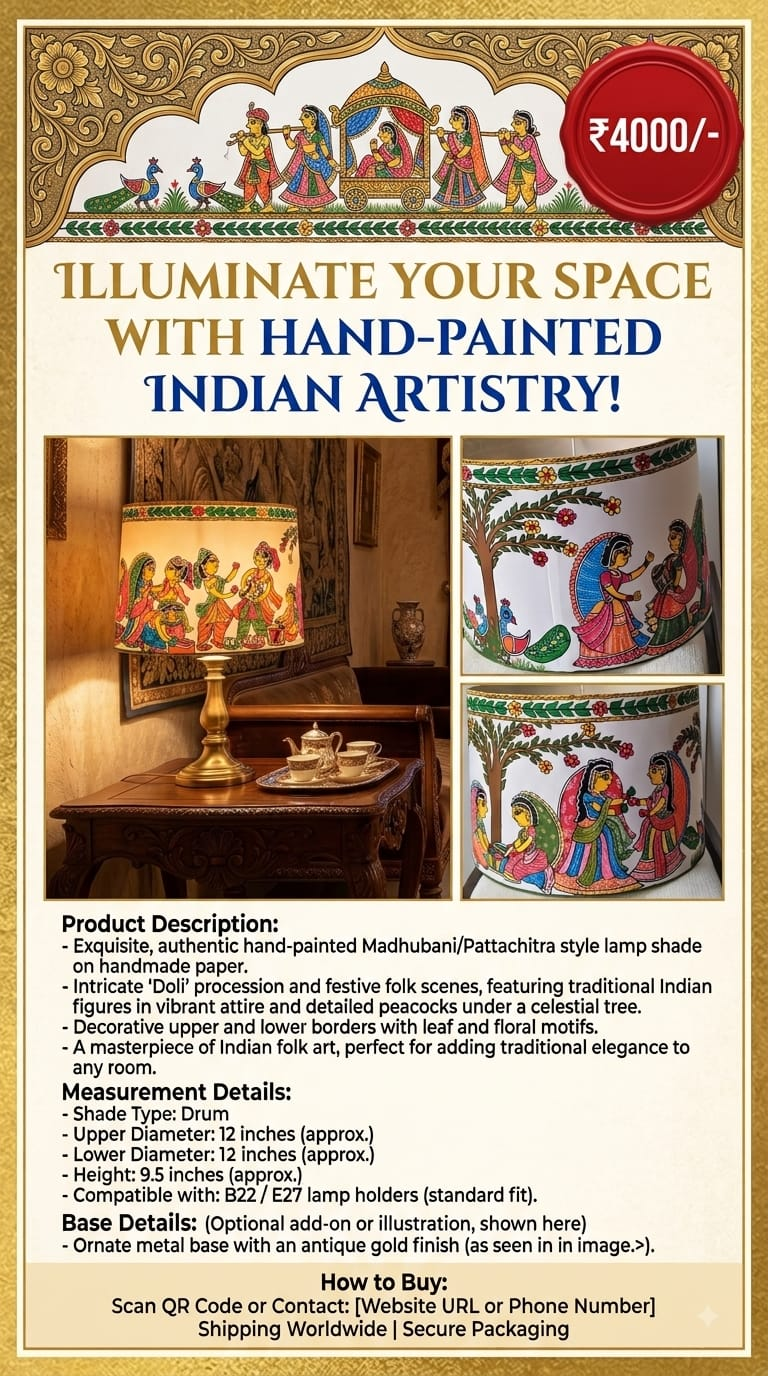 Hand-painted Indian artistry lampshade details and lifestyle view