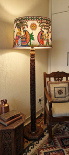 Hand-painted Madhubani lampshade on carved wooden floor lamp