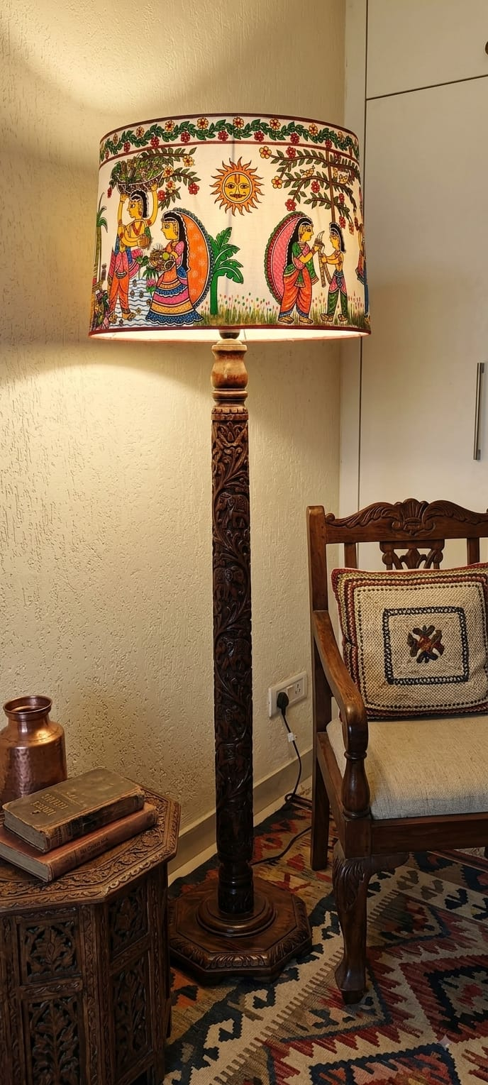 Hand-painted Madhubani lampshade on carved wooden floor lamp