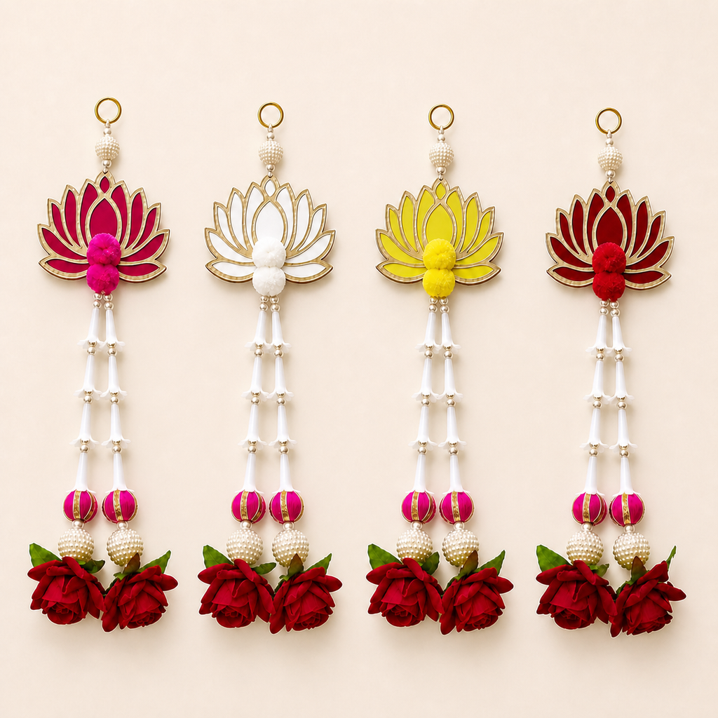 MDF lotus rajni gandha gulab hanging colour options: pink, white, yellow and red, all with red roses