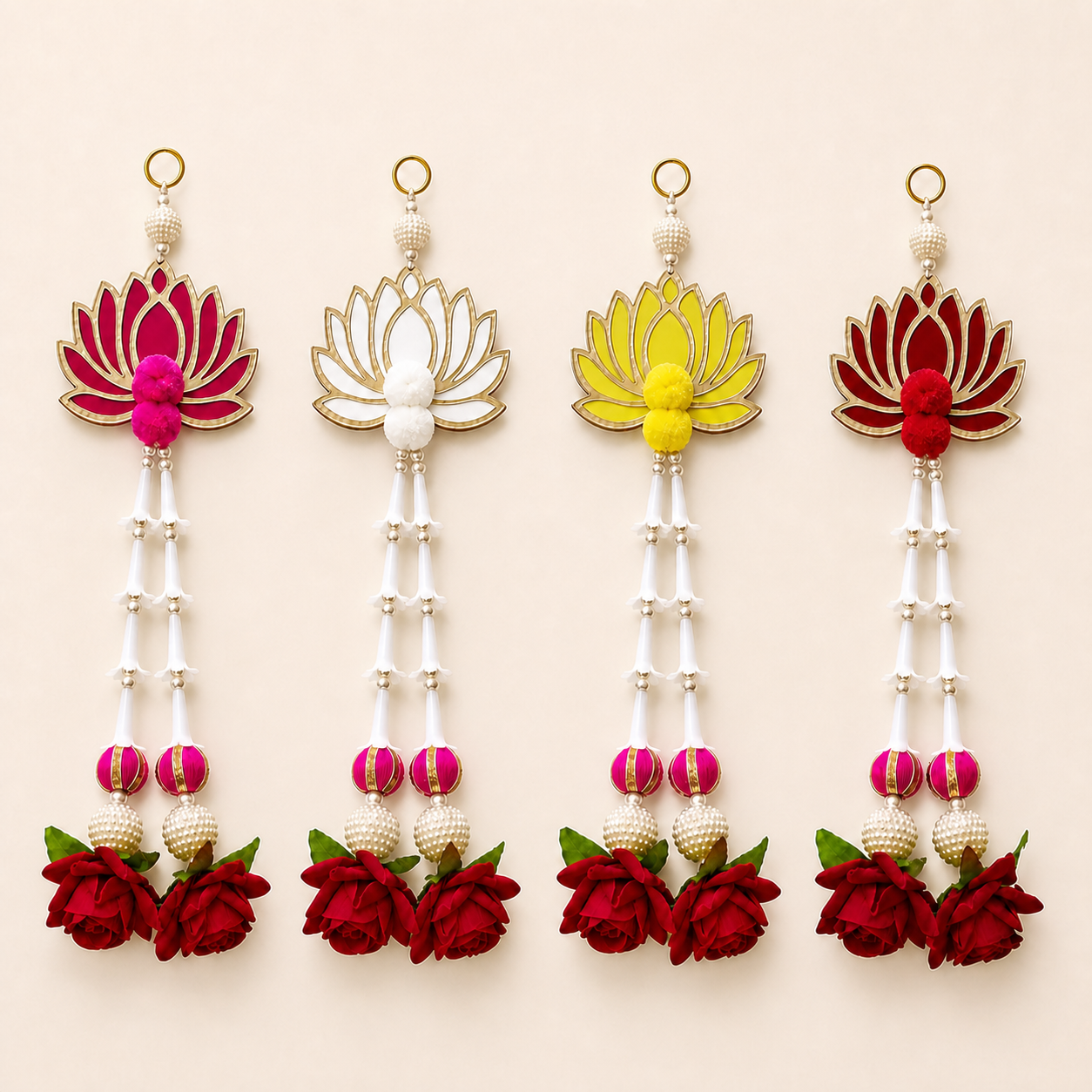 MDF lotus rajni gandha gulab hanging colour options: pink, white, yellow and red, all with red roses