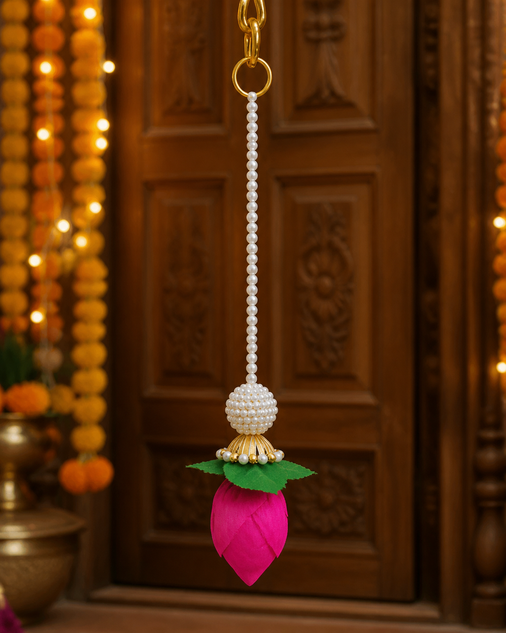 Moti Lotus Toran string hanging at a wedding home entrance