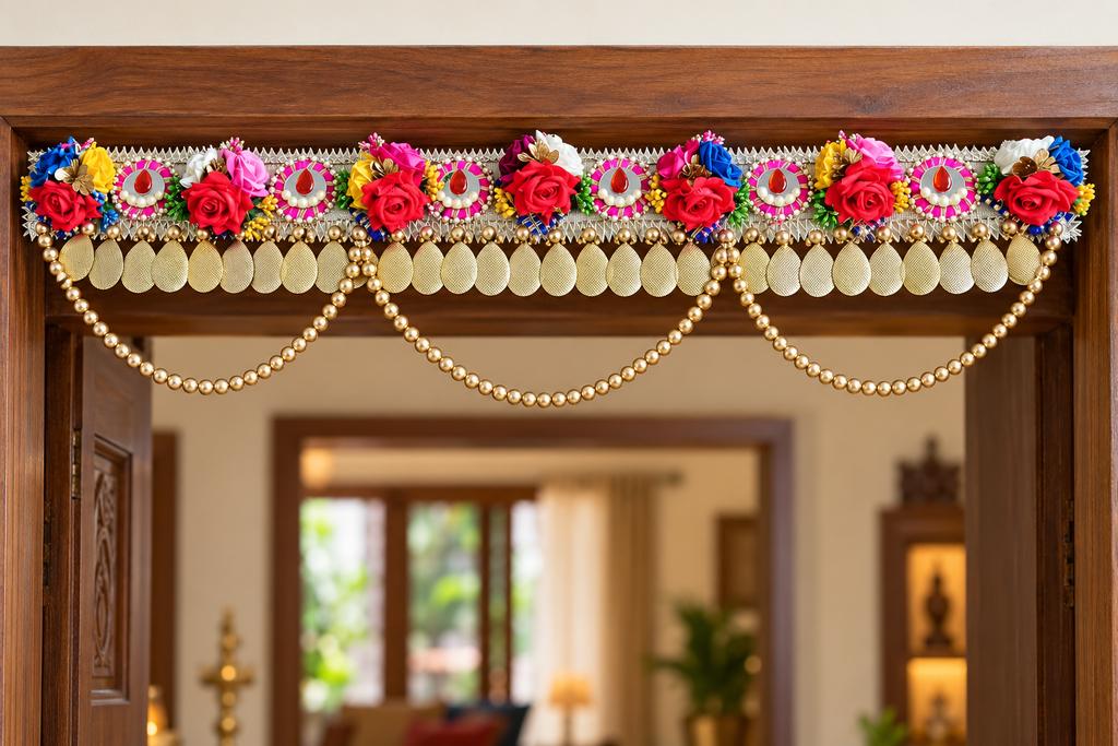 Multicolour rose toran with gold bead garland swags on a wooden doorway