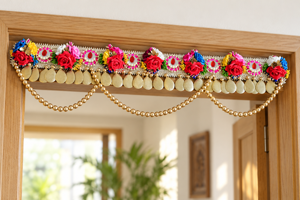 Multicolour rose toran with gold bead garland in a modern home