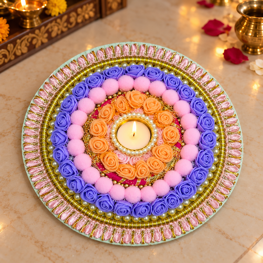 Pastel floral rangoli with one lit tea light in a festive puja setting