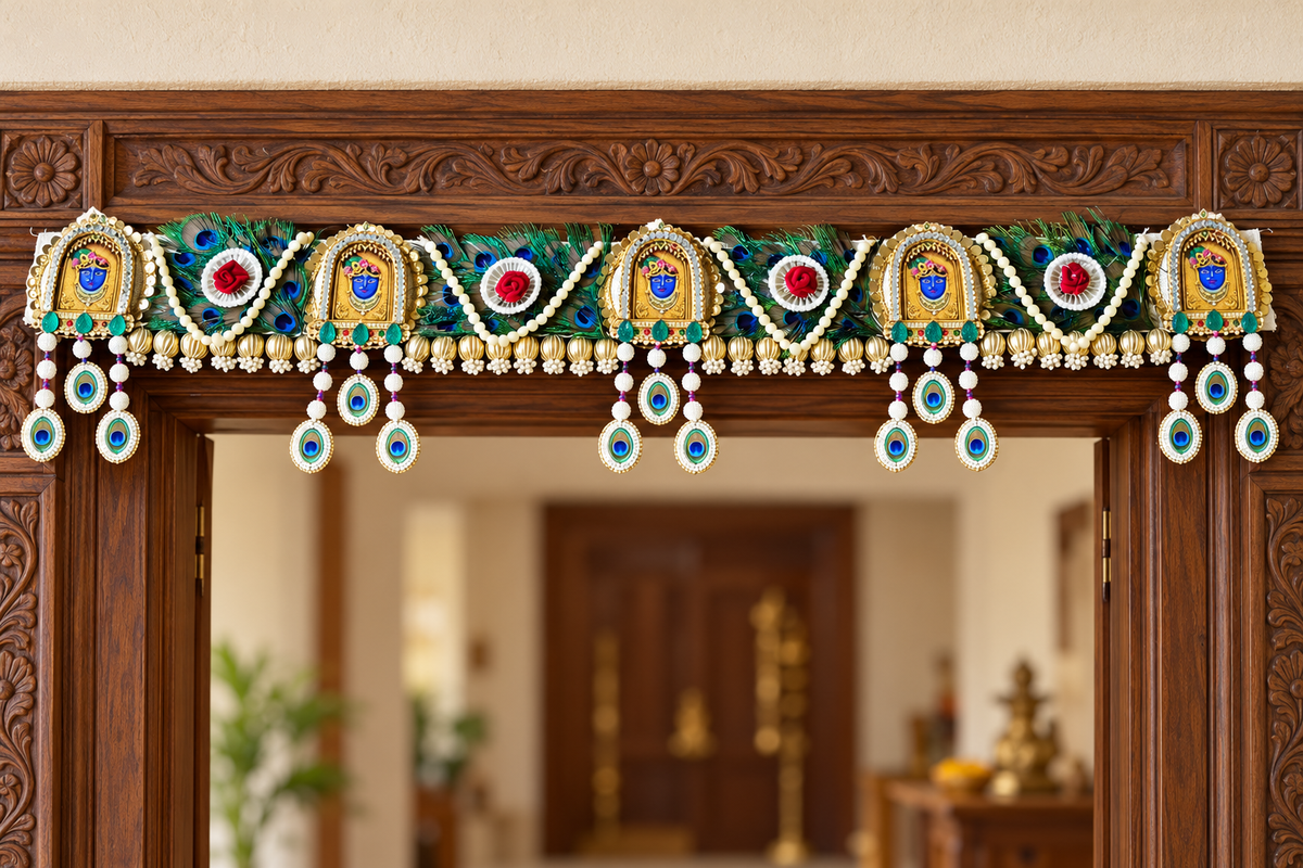 Peacock feather deity door toran on a traditional wooden doorway