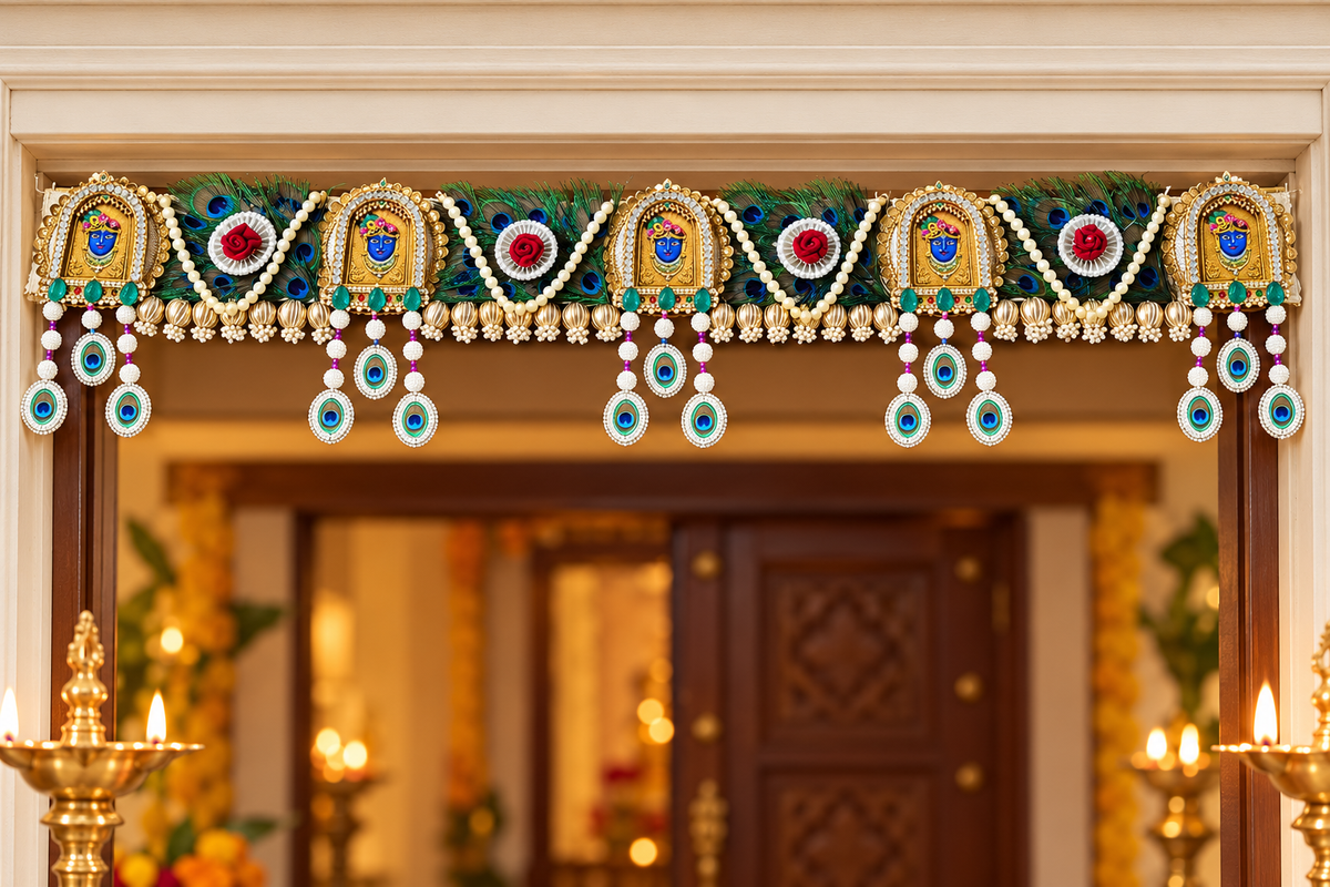 Peacock feather deity door toran at a festive entrance