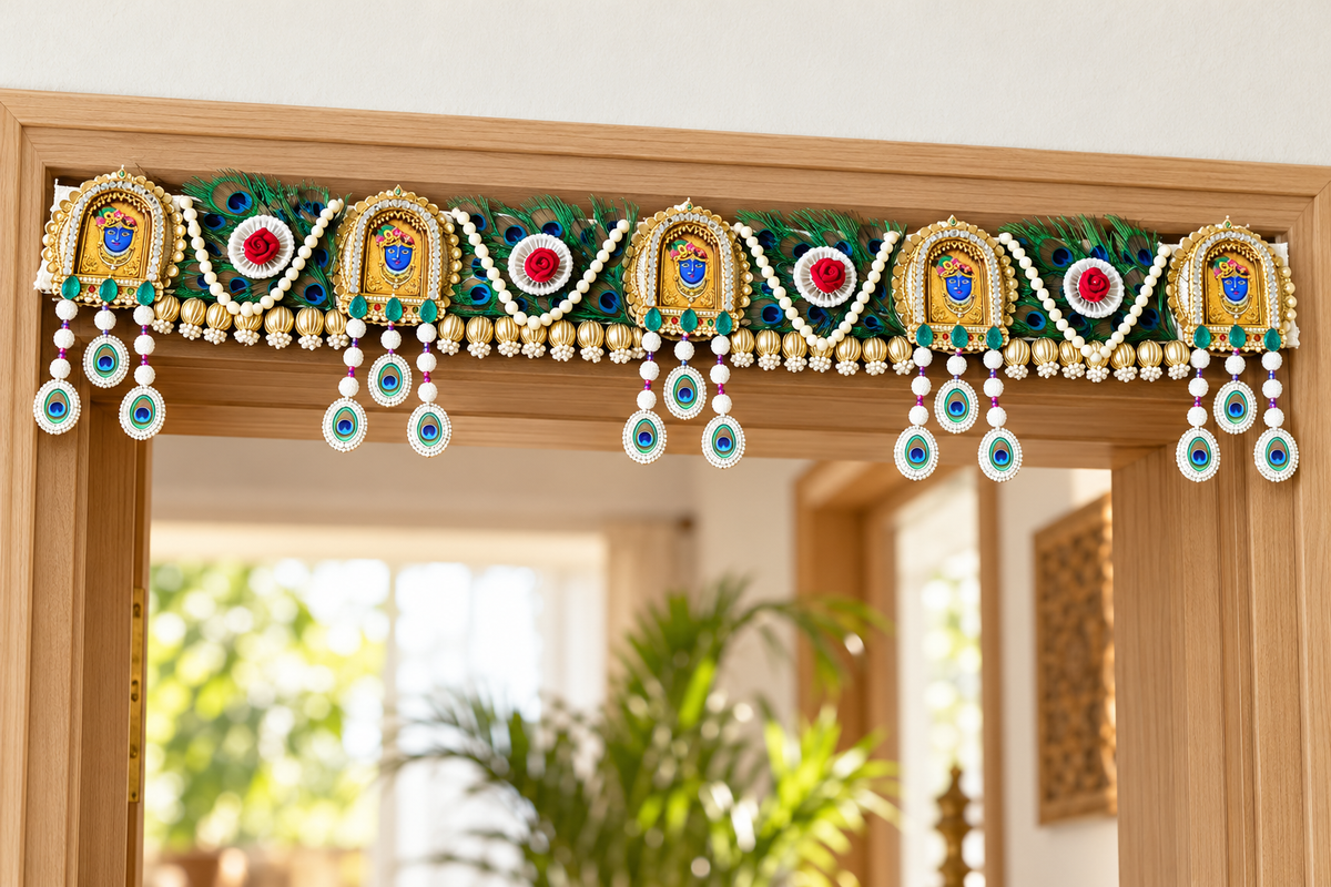 Peacock feather deity door toran in a modern home