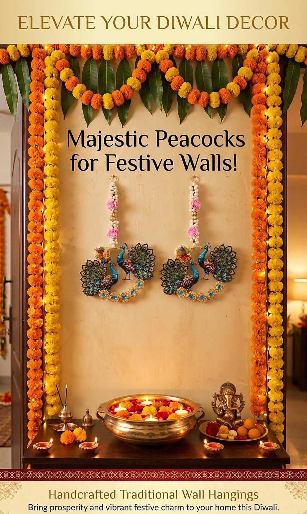 Peacock wall hangings styled in a Diwali mandir setup with marigold decoration