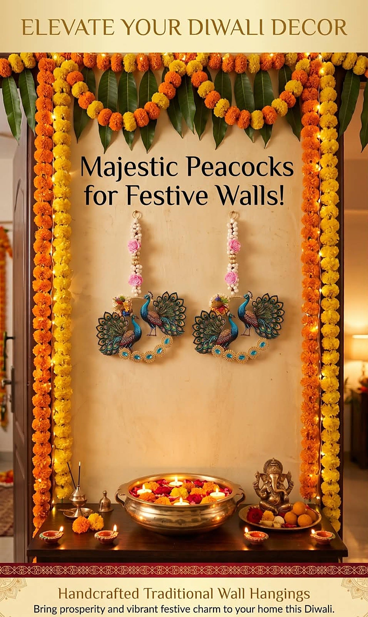Peacock wall hangings styled in a Diwali mandir setup with marigold decoration