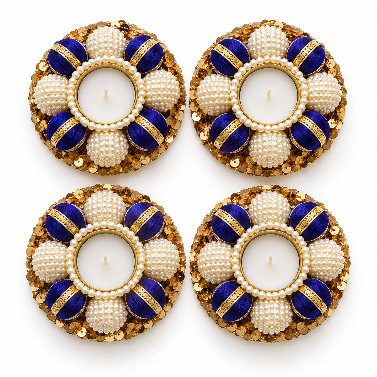 Set of four pearl and gold tea-light holders - blue