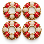 Set of four pearl and gold tea-light holders - red