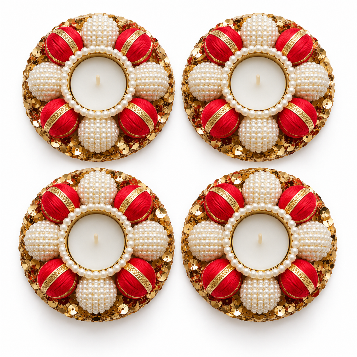 Set of four pearl and gold tea-light holders - red