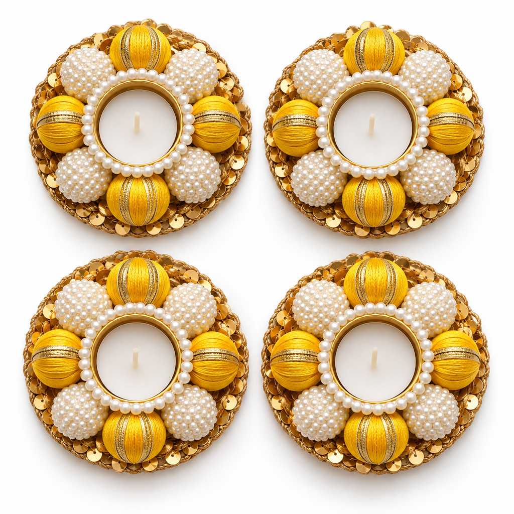 Set of four pearl and gold tea-light holders - yellow
